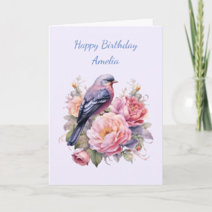 Singvogel sitzt auf rosa Pfingstrosen Geburtstag Karte