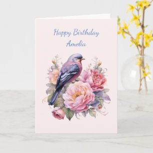 Singvogel sitzt auf rosa Pfingstrosen Geburtstag Karte