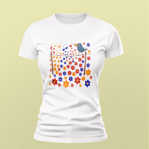 Singvögel umgeben von Musiknoten und Blume T-Shirt