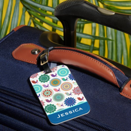 Singvogel und Mandala Folk Muster Personalisiert Gepäckanhänger (Vorderseite Insitu 1)