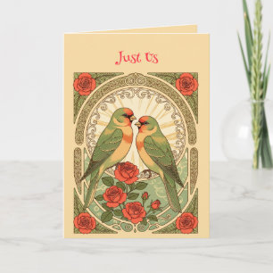 Singvögel und rote Rosen Art Nouveau Vintage Illus Karte