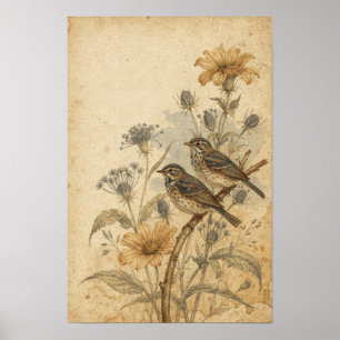 Singvögel unter goldenen Blumen Wandkunst Poster