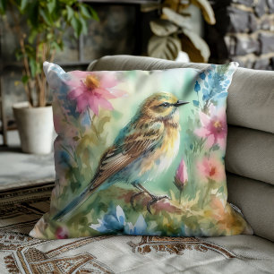 Singvogelmelodie Anmutiger Vogel und florale Elega Kissen