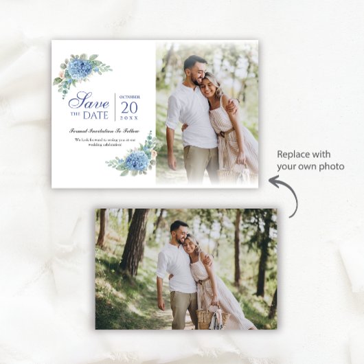 SINI Blue Hydrangea Save the Date mit Fotokarte