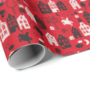 Sinterklaas met paard en huisjes rood geschenkpapier