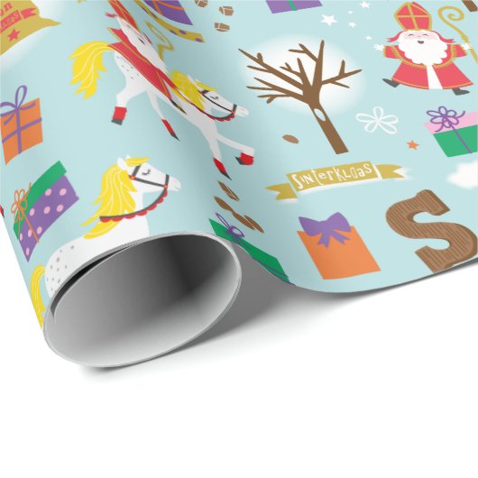 Sinterklaas mit weißem Pferd, Geschenken und Schok Geschenkpapier (Rolleneckpunkt)