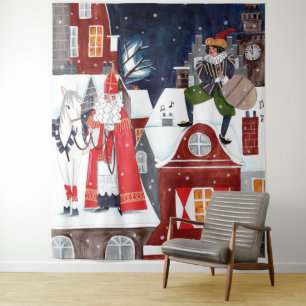 Sinterklaas Nacht Dorf Niederländische Feiertags-W Wandteppich
