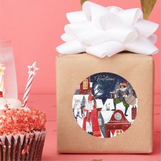 Sinterklaas und Piet auf den Dächern von Amsterdam Runder Aufkleber (Party)