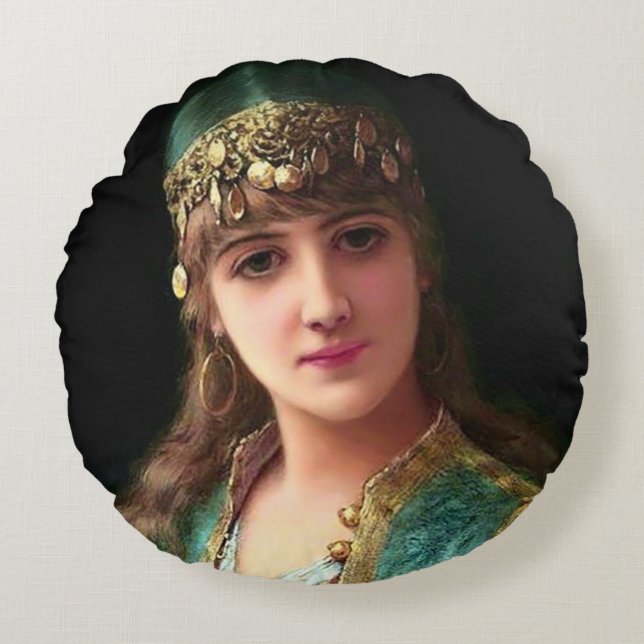 Sinti und Roma-Frau viktorianische Boho Bellydance Rundes Kissen (Vorderseite)