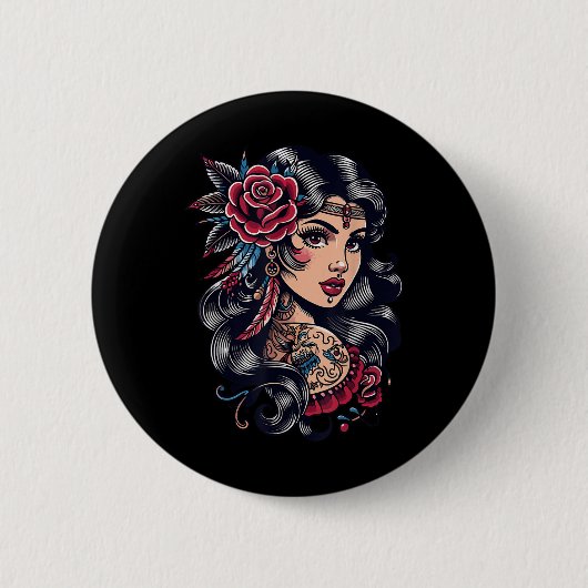 Sinti und Roma Lady _ Boho Style _ Tattoo Art _ Vi Button (Vorderseite)