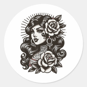 Sinti und Roma Lady Vintag Tattoo Style _1 Runder Aufkleber