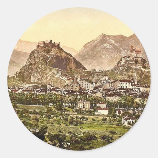 Sion, General view, Wallis, Schweiz Klassiker Ph. Runder Aufkleber (Vorderseite)
