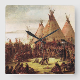 Sioux Kriegsrat George Catlin Circa 1850 Quadratische Wanduhr
