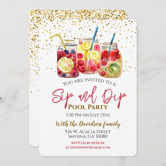 Sip and Dip Fruit Cocktail Pool Party Einladung (Vorne/Hinten)