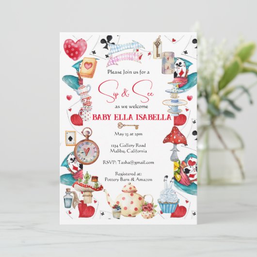 Sip and See Alice Tee Party Einladung (Stehend Vorderseite)