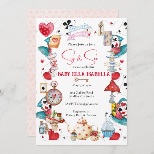 Sip and See Alice Tee Party Einladung (Vorne/Hinten)