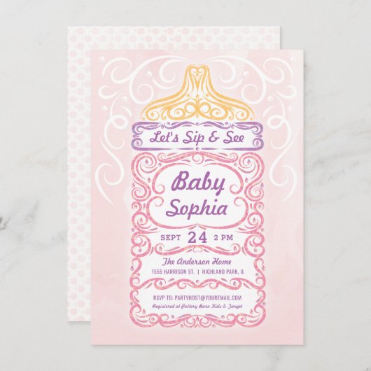 Sip and See Baby Bottle Girl Einladung (Vorne/Hinten)