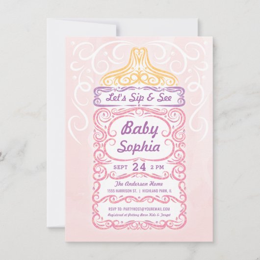 Sip and See Baby Bottle Girl Einladung (Vorderseite)