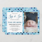 Sip and See Baby Boy Foto Blue Polka Dot Einladung (Vorne/Hinten)