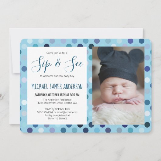 Sip and See Baby Boy Foto Blue Polka Dot Einladung (Vorderseite)