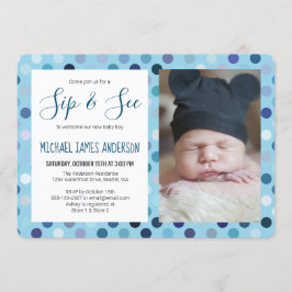 Sip and See Baby Boy Foto Blue Polka Dot Einladung