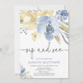 Sip and See Baby Boy, staubige blaugelbe Blüte Einladung (Vorderseite)