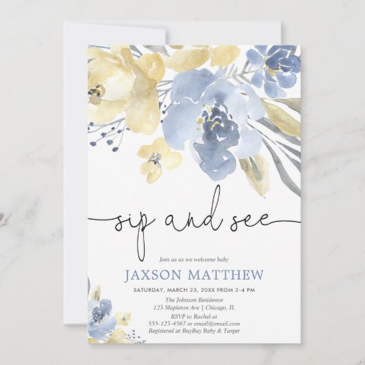 Sip and See Baby Boy, staubige blaugelbe Blüte Einladung (Vorderseite)