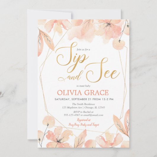 Sip and See baby girl, rot pink golden elegant Einladung (Vorderseite)