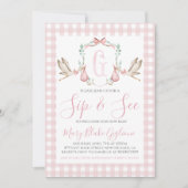 Sip and See Baby Girl Watercolor Stork Einladung (Vorderseite)