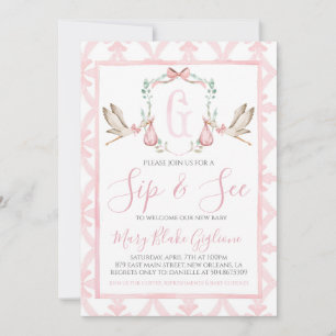 Sip and See Baby Girl Watercolor Stork Einladung