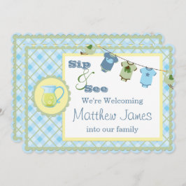 Sip and See Blue Gingham Bunting Baby Shower Einladung