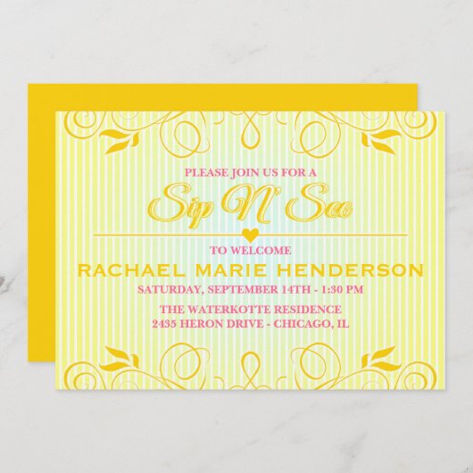Sip and See Modern Yellow Geblüht Streifen laden Einladung (Vorne/Hinten)