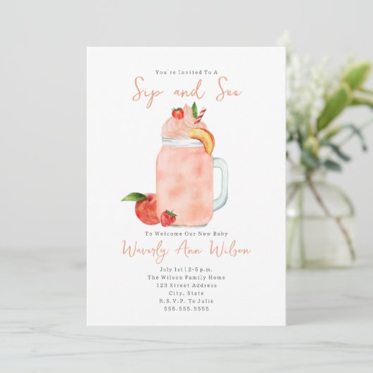 Sip and See Peach Smoothie New Baby Einladung (Stehend Vorderseite)