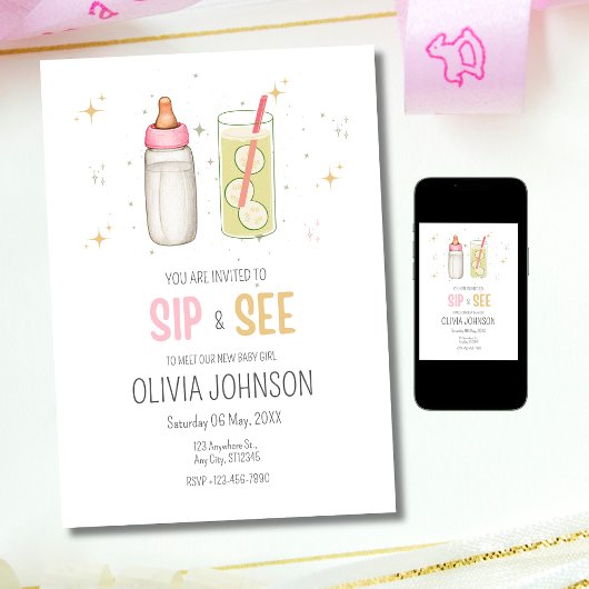 Sip and See, Welcome Baby Girl, New Baby Party Einladung