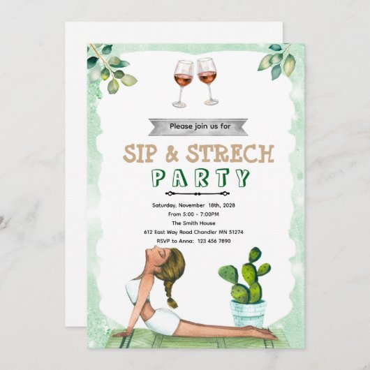 Sip and Stretch Wine and Yoga invitation Einladung (Vorne/Hinten)