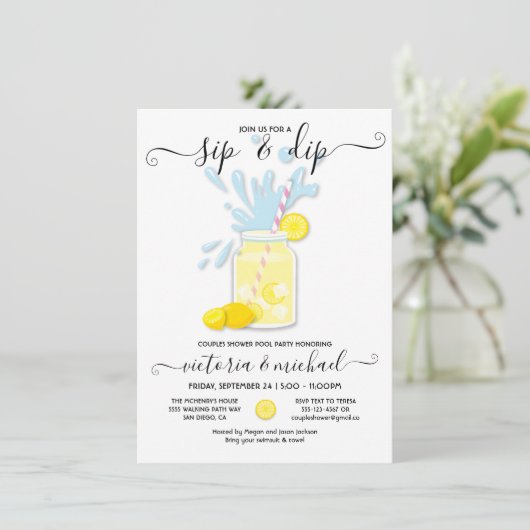 Sip & Dip Lemonade Pool Party Dusche Einladung (Stehend Vorderseite)