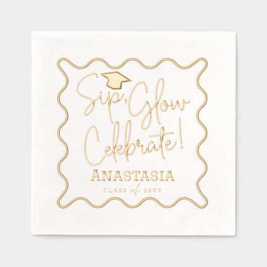 Sip Glow Celebrate Script Grad Cap Abschluss Servietten Mit Folie (Vorderseite)