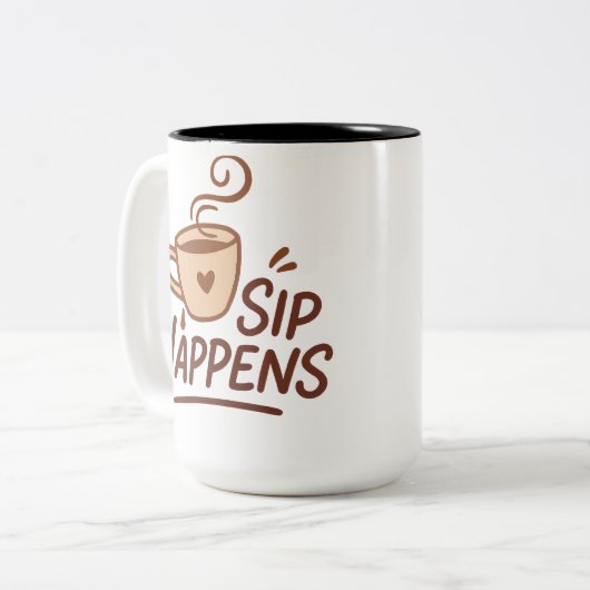 Sip Happens Coffee Mug – Minimalist Cheeky Cup Zweifarbige Tasse (Vorderseite Links)