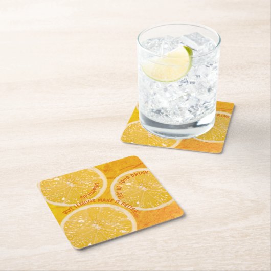 "Sip Happens" Fun Lemon Slice Cocktail Set von 6 Rechteckiger Pappuntersetzer (Vor Ort)