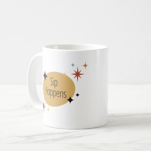 Sip Happens - Retro Mitte des Jahrhunderts Moderne Kaffeetasse (Vorderseite Links)