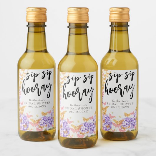 Sip Hooray Boho Butterfly Hydrangea Brautparty Weinetikett (Flaschen)