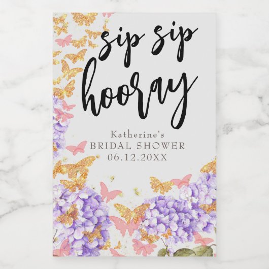 Sip Hooray Boho Butterfly Hydrangea Brautparty Weinetikett (Einzelnes Label)