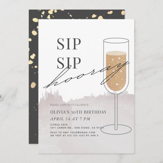 Sip Hooray Gold Champagne Gray Geburtstag Einladung (Vorne/Hinten)