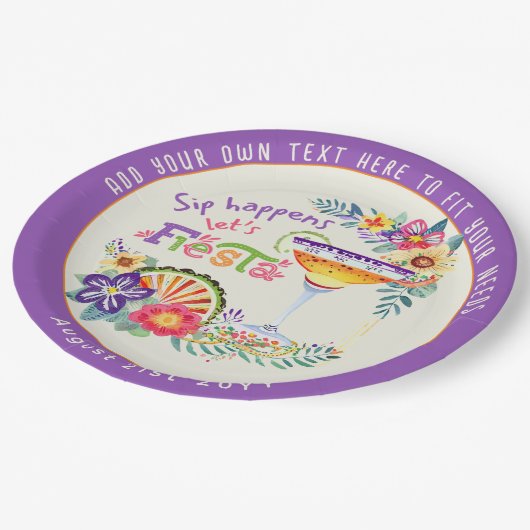 Sip! Lassen Sie uns FIESTA kundenspezifisch einset Pappteller (Schrägansicht)