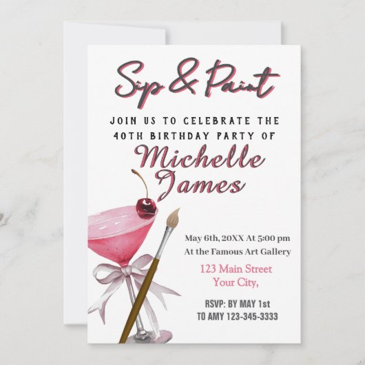 Sip & Paint Art 40. Geburtstag Einladung (Vorderseite)