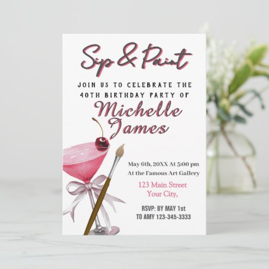 Sip & Paint Art 40. Geburtstag Einladung (Stehend Vorderseite)
