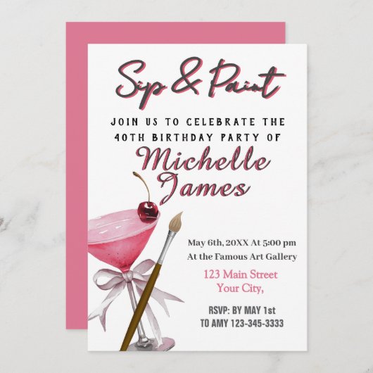 Sip & Paint Art 40. Geburtstag Einladung (Vorne/Hinten)