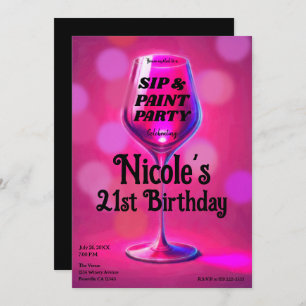 Sip & Paint Pink Wine Glass 21. Geburtstag Party Einladung