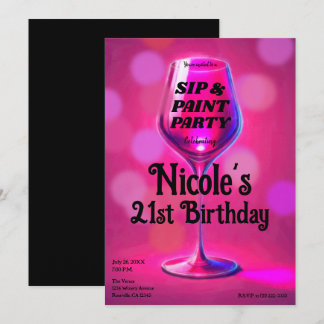 Sip & Paint Pink Wine Glass 21. Geburtstag Party Einladung
