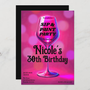 Sip & Paint Pink Wine Glass Adult Geburtstagsparty Einladung